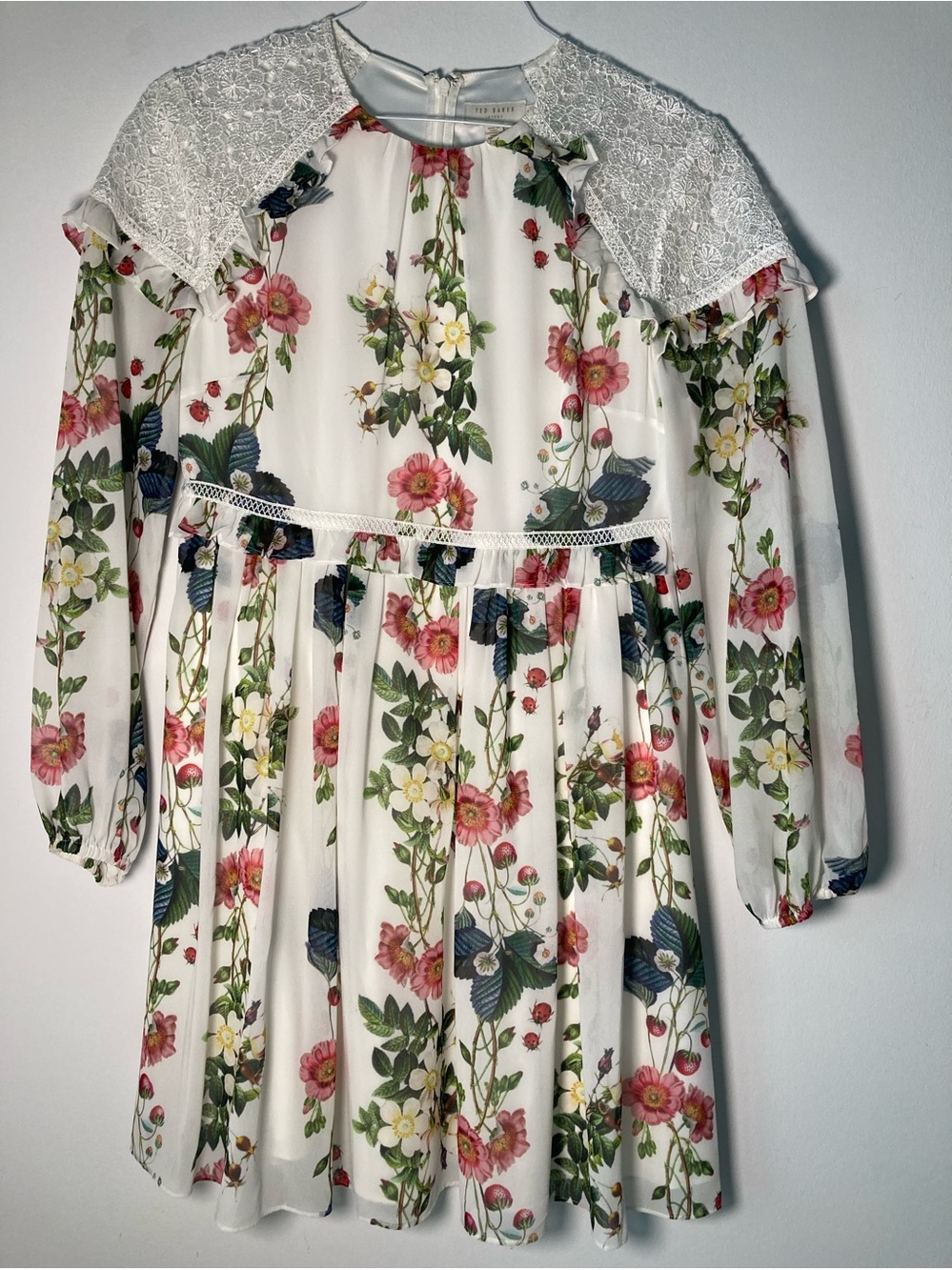 Ted Baker Maryam Wild Strawberry Floral Frill Dress Lace Trim Size 2 US 6 White